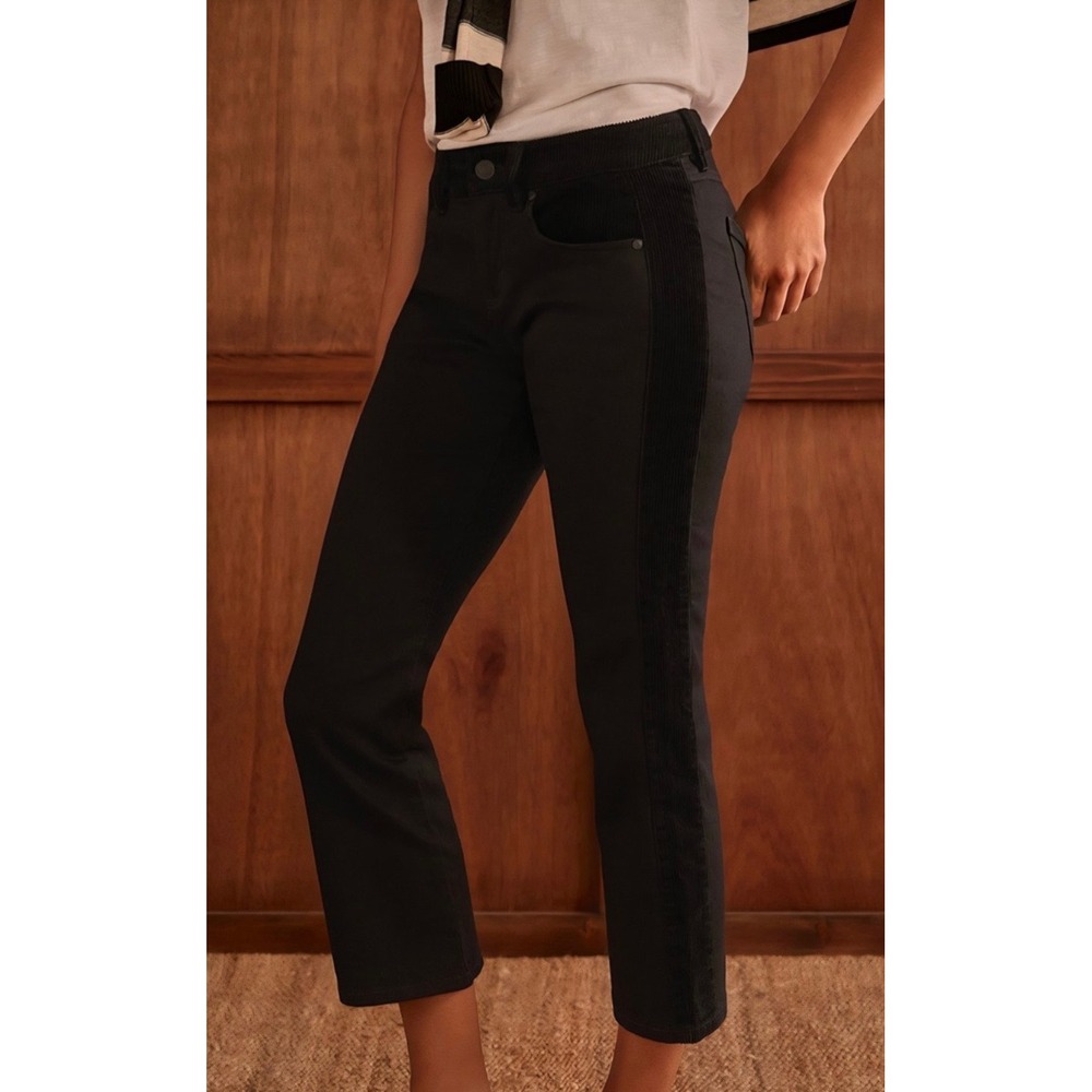 Cabi Tuxedo Kick Flare Jeans 4907 Ink Wash Black Corduroy Trim Cropped Pants 10